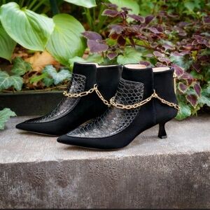 Louise et Cie Black Suede Pointed Toe Ankle Boots with Gold Chain